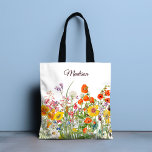 Bolso De Tela Flores salvajes de colores Bonito Girly Personaliz<br><div class="desc">Esta moda y diseño elegante presenta flores silvestres de colores bonitos con su nombre personalizado personalizado sobre un fondo blanco.</div>