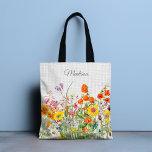 Bolso De Tela Flores salvajes de colores Bonito Girly Personaliz<br><div class="desc">Esta moda y diseño elegante presenta flores silvestres de color bonito con su nombre personalizado sobre un fondo de lino blanco.</div>