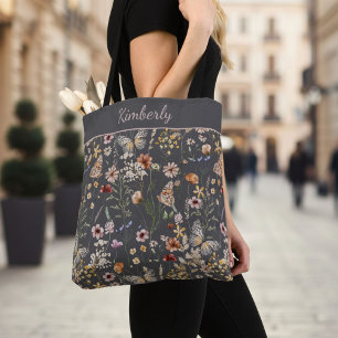 Bolso De Tela Flores Silvestres Acuarela Bohemio Floral Carbón