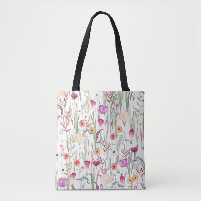 Bolso De Tela Flores silvestres acuarela Diseño transparente (Anverso)