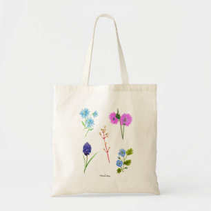 Bolso De Tela Flores silvestres azules y laminosas en acuarela.