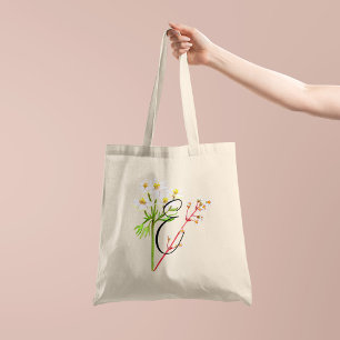 Bolso De Tela Flores silvestres blancas en acuarela con inicial 