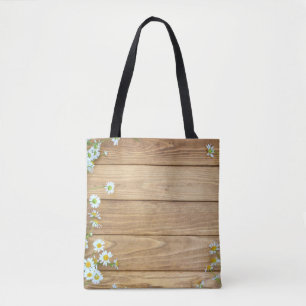 Bolso De Tela Flores silvestres, hierbas: fondo de madera.