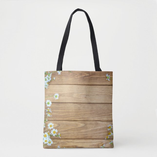 Bolso De Tela Flores silvestres, hierbas: fondo de madera. (Anverso)