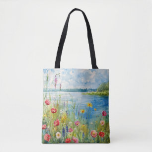 Bolso De Tela Flores silvestres junto a un lago