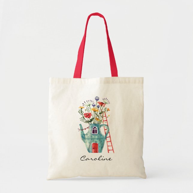 Bolso De Tela Flores silvestres Puerta roja Verde azulada Teapot (Frente)