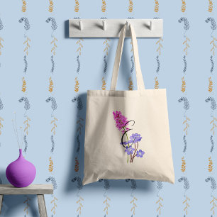 Bolso De Tela Flores silvestres rosadas y lilas con tu inicial.