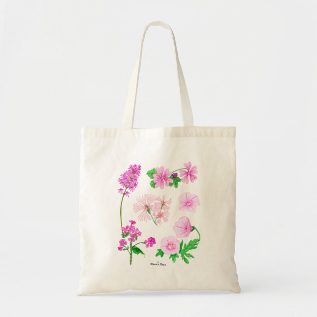 Bolso De Tela Flores silvestres rosas en acuarelas 1 lado. (Frente)