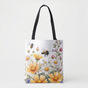 Bolso De Tela Flores silvestres y acuarela de abejas melíferas
