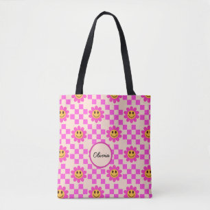 Bolso De Tela Flores sonrientes de color rosa caliente a cuadros