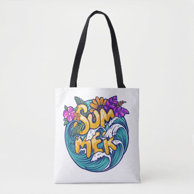Bolso De Tela Flores Tropicales de Verano Olas de Playa Oceánica (Anverso)