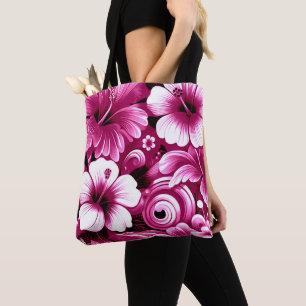 Bolso De Tela Flores tropicales hawaianas Hibiscus Pink White