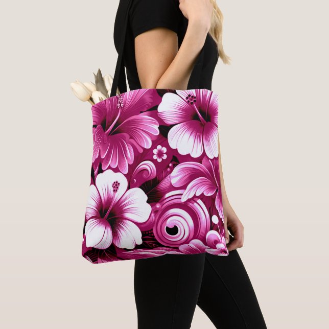 Bolso De Tela Flores tropicales hawaianas Hibiscus Pink White (Detalle)