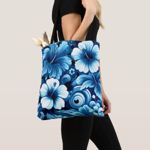 Bolso De Tela Flores tropicales hawaianas Patrón azul Hibiscus