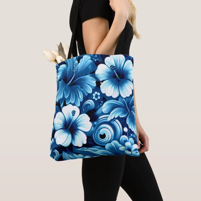 Bolso De Tela Flores tropicales hawaianas Patrón azul Hibiscus (Detalle)