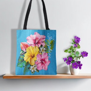 Bolso De Tela Flores Tropicales Madera Azul Personalizados AOP