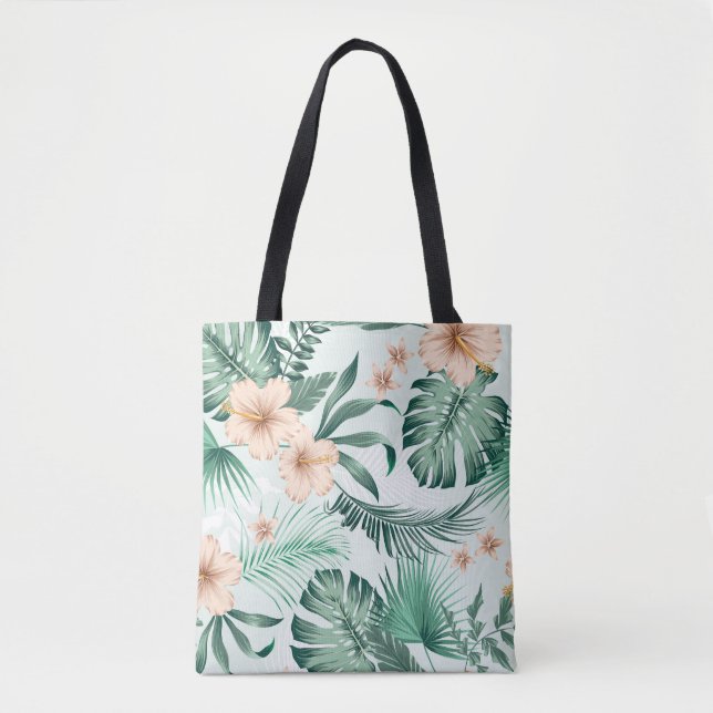 Bolso De Tela Flores tropicales, patrón de follaje exuberante. (Anverso)