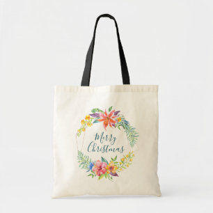Bolso De Tela Flores tropicales y marco geométrico Feliz Navidad