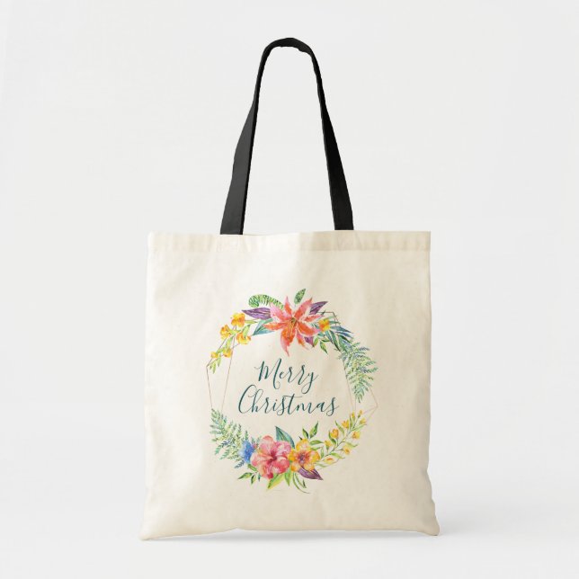 Bolso De Tela Flores tropicales y marco geométrico Feliz Navidad (Frente)