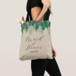 Bolso De Tela Flores tropicales y ramas de palmera empleadas de<br><div class="desc">Esta mochila de dama de honor ofrece un gráfico de flores tropicales de colores vivos y ramas verdes de palmeras en la parte superior de la bolsa. La palabra "doncella de honor" aparece en un texto de moda escrito a mano. Para hacer este bolso verdaderamente único y personal, también puede...</div>