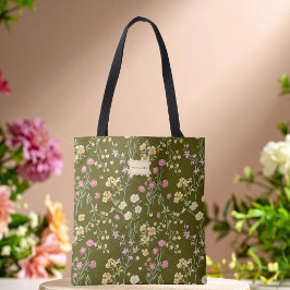 Bolso De Tela Flores Verdes Oliva Jardín Tendencia Única