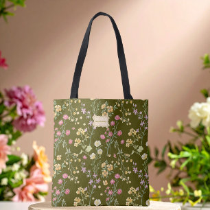 Bolso De Tela Flores Verdes Oliva Jardín Tendencia Única
