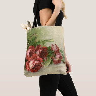 Bolso De Tela Flores Victorianas Antiguas, Rosas Rojas