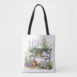 Bolso De Tela Flores y banco de madera