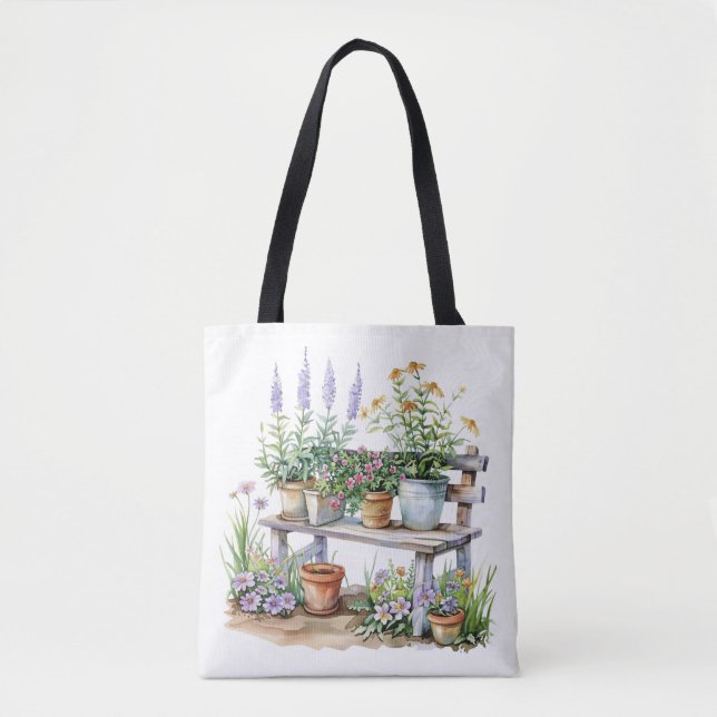 Bolso De Tela Flores y banco de madera (Anverso)