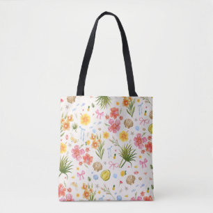 Bolso De Tela Flores y conchas de la costa tropical dibujadas a