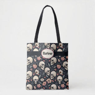 Bolso De Tela Flores y cráneos rosados turbios