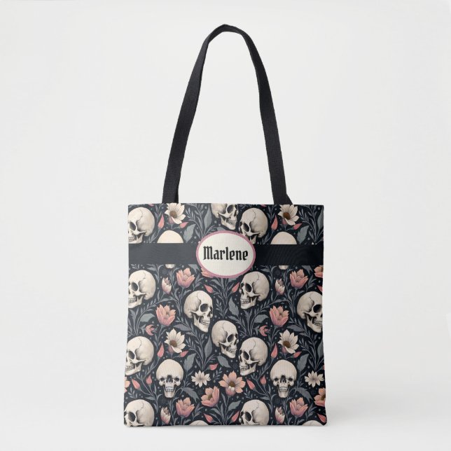 Bolso De Tela Flores y cráneos rosados turbios (Anverso)