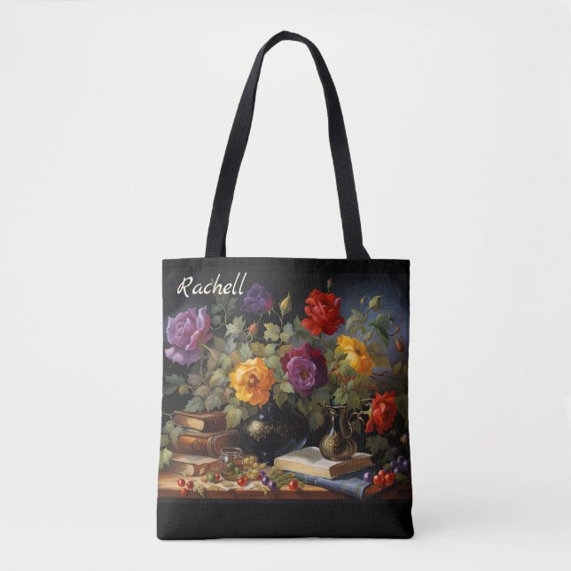 Bolso De Tela Flores y libros Añadir nombre Regalo de cumpleaños (Anverso)