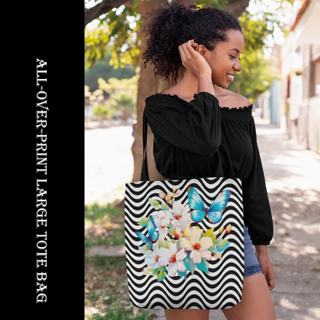 Bolso De Tela Flores y mariposa franjas onduladas en blanco y ne (Flowers & Butterfly Black & White Wavy Stripes Tote Bag, all-over-print, tote bag, shopping bag,)