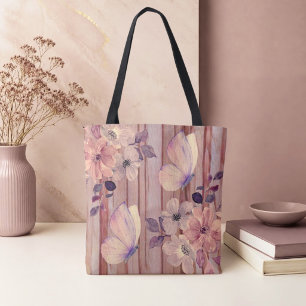 Bolso De Tela Flores y Mariposas de Madera Rústica