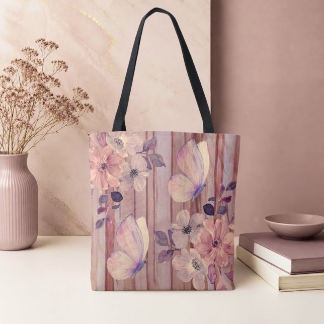 Bolso De Tela Flores y Mariposas de Madera Rústica (Subido por el creador)