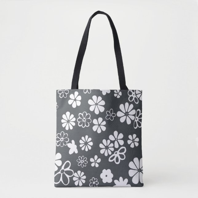 Bolso De Tela Flores y mariposas grises y blancas (Anverso)