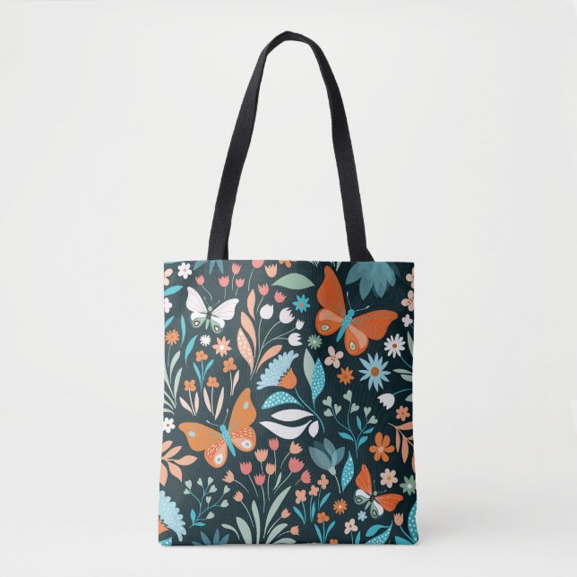 Bolso De Tela Flores y mariposas, patatas sin costura decorativa (Anverso)