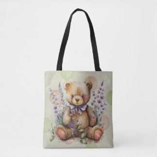 Bolso De Tela Flores Y Polkadots De Lavanda De Oso Marrón