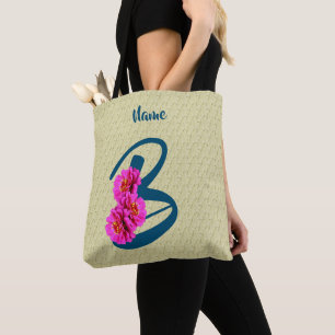 Bolso De Tela Flores Zinnia Monograma Inicial B Personalizado