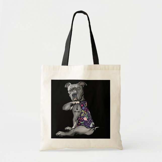 Bolso De Tela Flower PitBull: Amo a mamá Pitbull Tattoo (Frente)