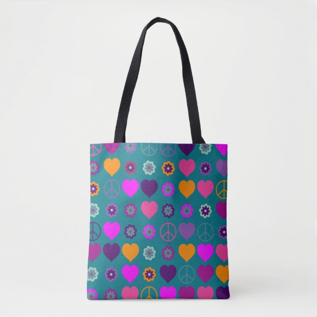 Bolso De Tela Flower Power Hearts Peace Blooms Pattern (Anverso)