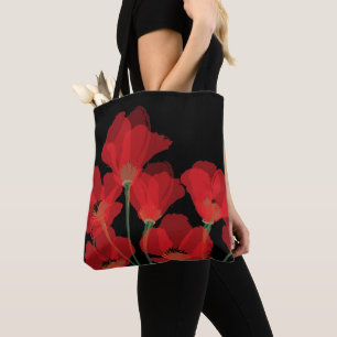 Bolso De Tela Fluers de Pavot Rouge sur Noir