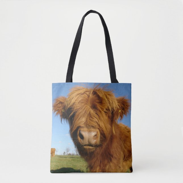 Bolso De Tela Fluffy Scottish Highland Cow - Blue Sky (Anverso)