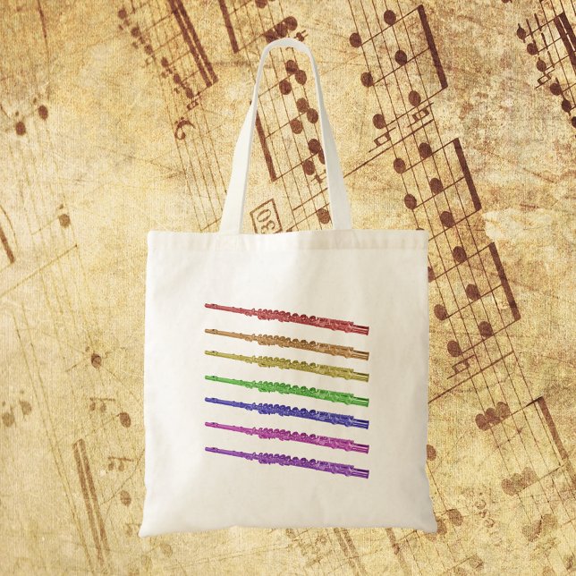 Bolso De Tela Flútas arcoiris coloridas (A tote bag with a colorful design of flutes in red, orange, yellow, green, blue, purple and pink!)