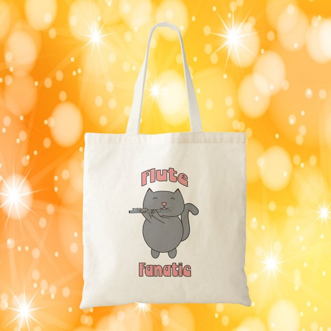 Bolso De Tela Flute-Playing Gray Cat – Funny Musician Gift  (A tote bag with a cute flute playing gray cat and the words Flute Fanatic in pink.)