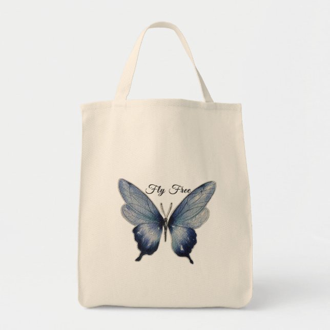 Bolso De Tela Fly Free – Blue Butterfly Art Design (Frente)