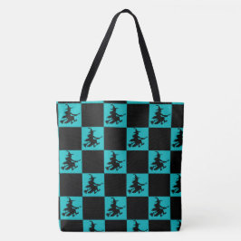 Bolso De Tela Flying Witch Black & Teal Checkered Tote Bag