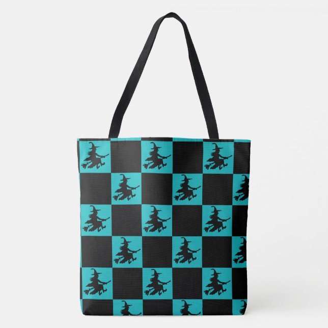 Bolso De Tela Flying Witch Black & Teal Checkered Tote Bag (Anverso)