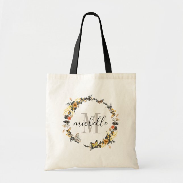 Bolso De Tela Foliage de Oro en Monograma Floral Personalizado (Frente)